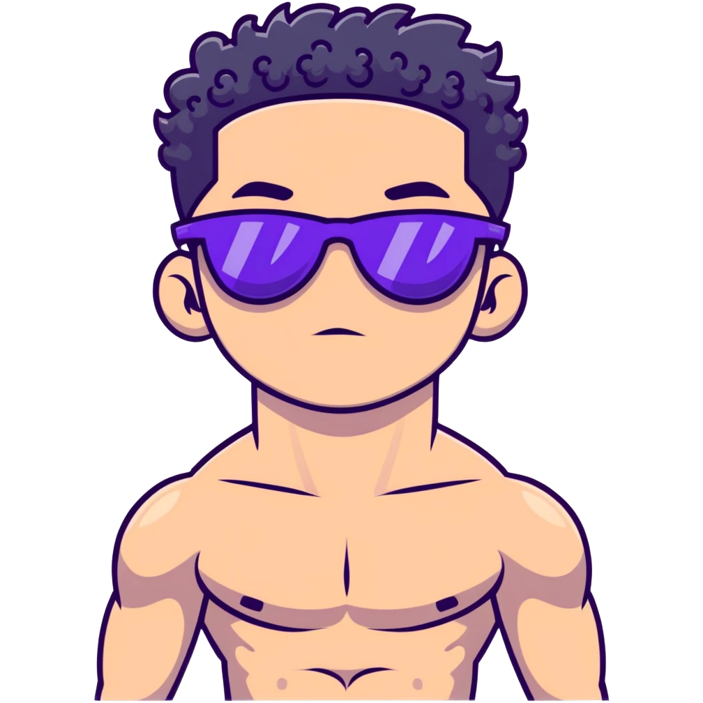 shirtless male athlete with white skin and moderately curly black hair on top with shaved sides, wearing purple sunglasses with black tinted lenses emoji