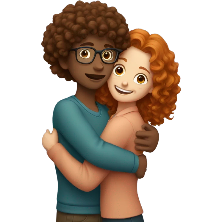 A boy with glasses and dark curly hair hugging a ginger girl emoji
