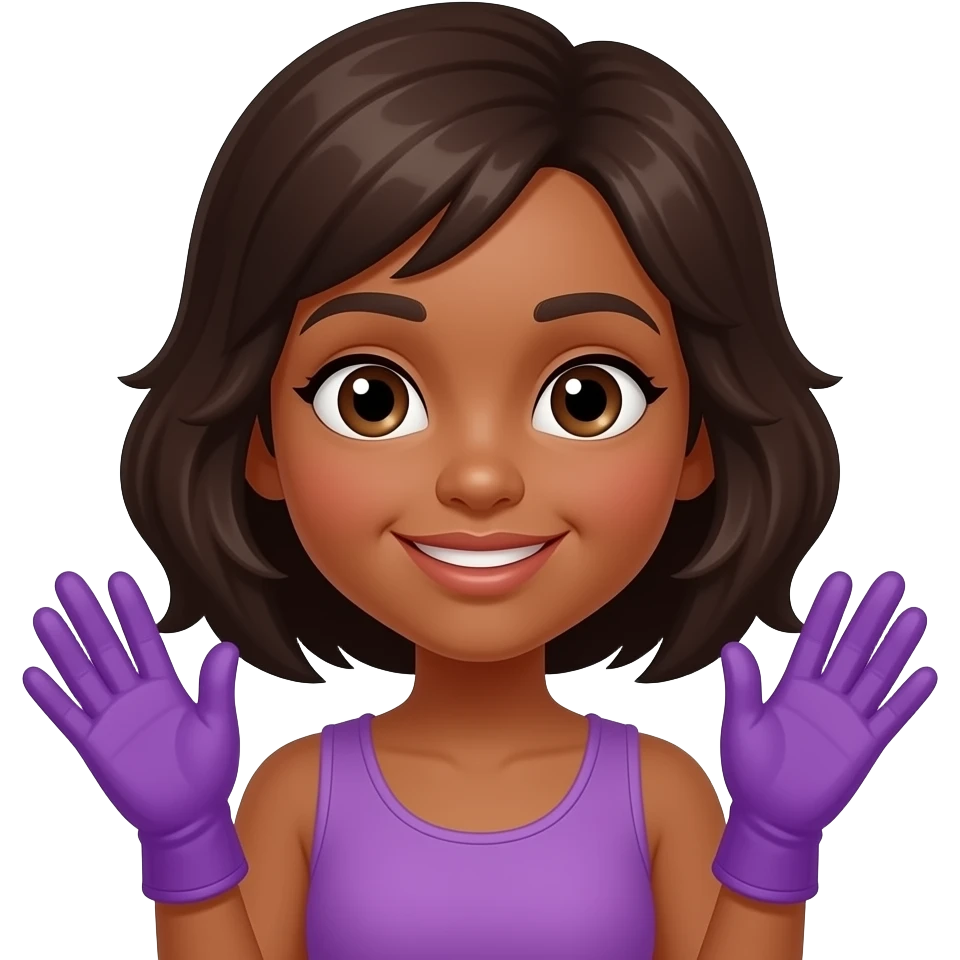 Chica morena  , con ojos cafescon guantes de morados emoji