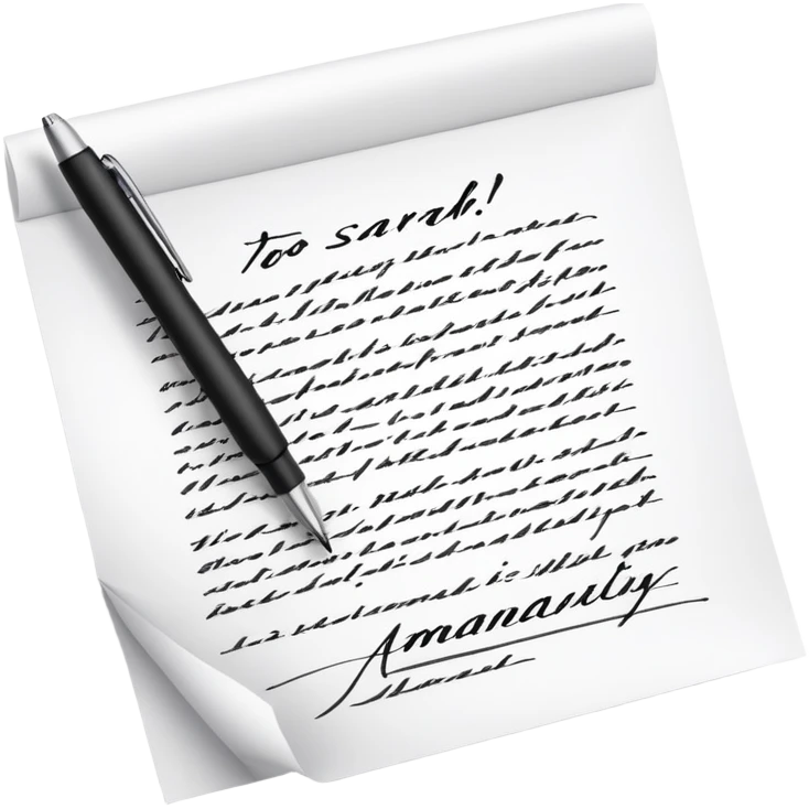 a paper letter with "TO SARAH" text written at the top of the letter, with a pen lying next to it emoji