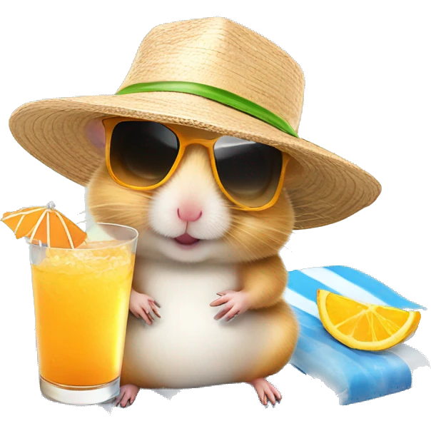 hamster with a sunhat and sunglasses drinking a coctail while laying in a sunbed emoji