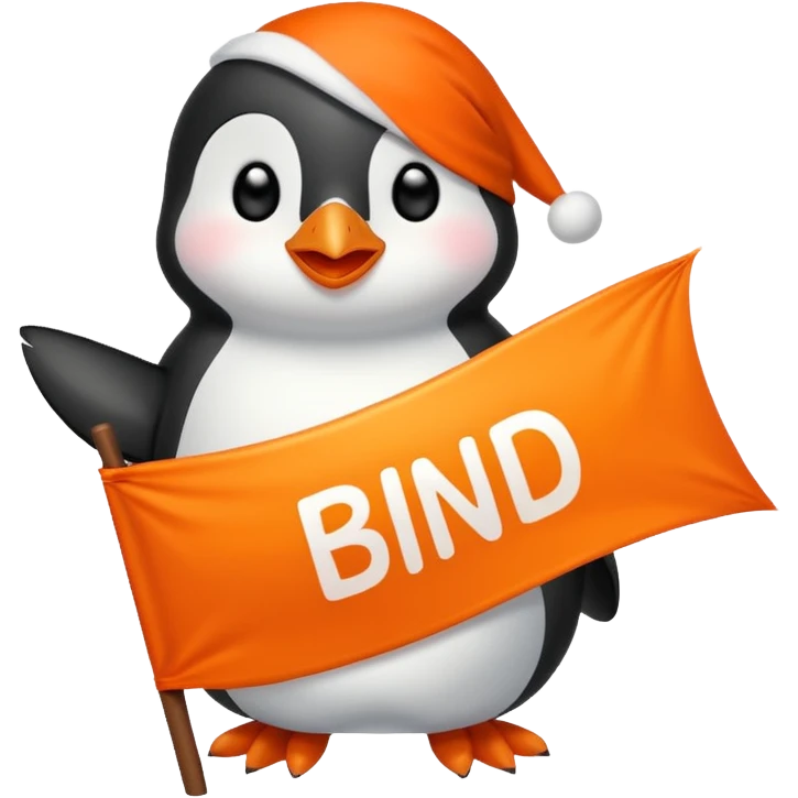 Colorful banner that says 'Bind is Life!!!', in bright orange, and on top of the banner a winking little white happy penguin. Make sure that the banner says exactly the text above emoji