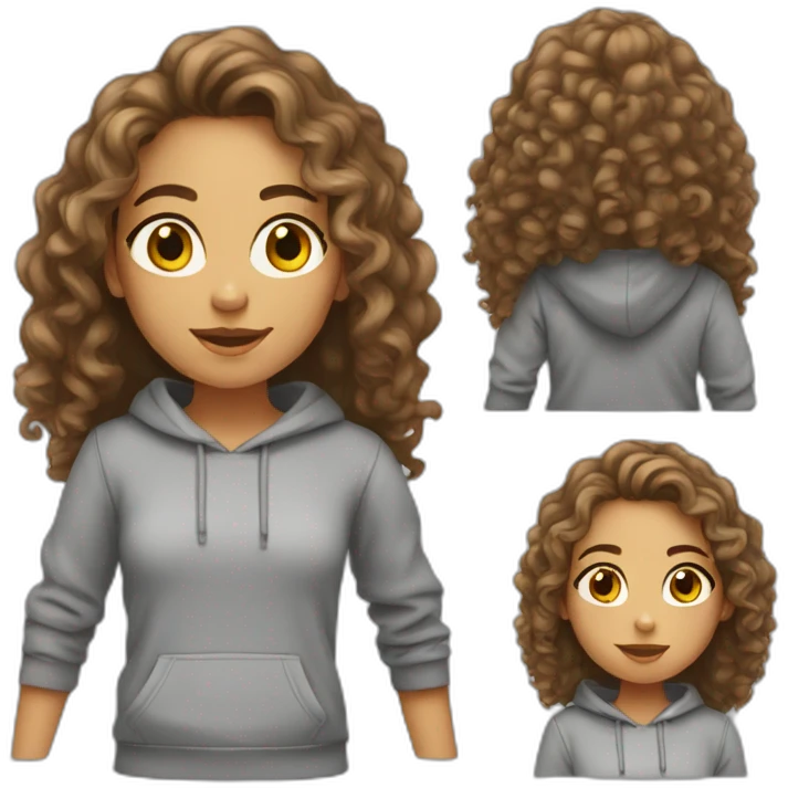 Girl with long brown curly hair and grey sweat-shirt  emoji