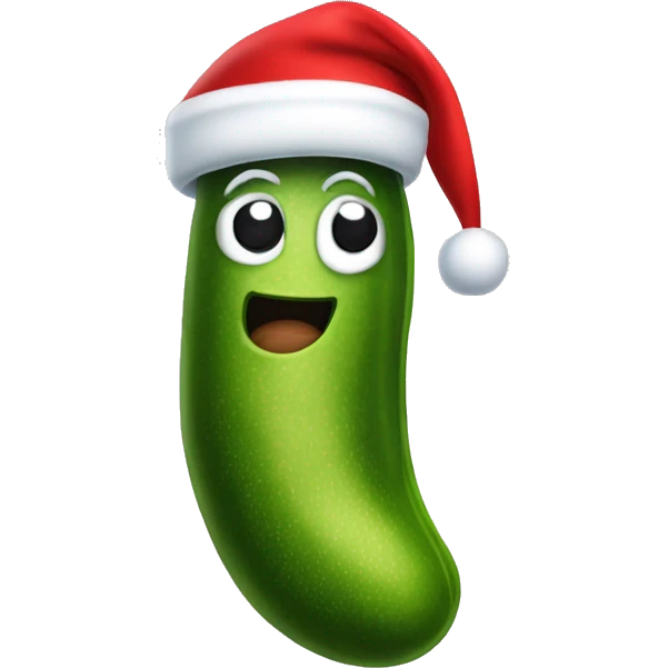 A big Christmas dill pickle wearing a Santa hat emoji