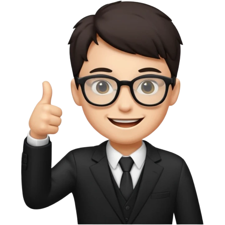 un estudiante con terno negro que este parado con sus lentes guiñando el ojo y CON LAS MANOS HACIA ARRIBA DANDO LIKE emoji
