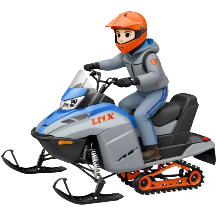 red Lynx brand snowmoble wheelies. driver with gray clothes and black/orange / blue helmet emoji