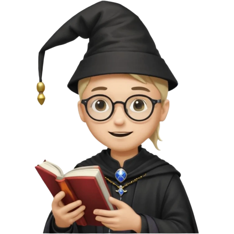 ["A happy boy with light skin, ponytail, wearing a wizard hat and square glasses, dressed in goth fashion, is reading a book while holding a phone."] emoji
