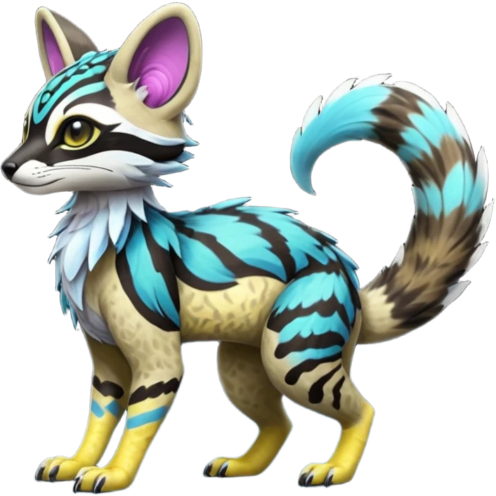 Rare realistic exotic cute epic pretty beautiful handsome gorgeous aesthetic colorful vibrant Vernid-Protogen-Primagen-Wickerbeast-Genet-Trico-species-Fakemon-hybrid-creature by LiLaiRa, beautiful intricate markings, full body emoji