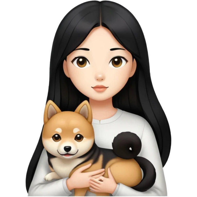 A girl with long black straight hair holding a black Shiba Inu emoji