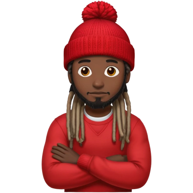 apple man crossing arms emoji but the guy is black instead of yellow and the guy has dreads with a beanie and the beanie is red with no brim emoji