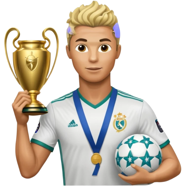 Cristiano Ronaldo holfing the champions league with noodle hair a bit longer noodle hair with a bit of blonde highlights and tge hair xoming down a bit just a bit of blonde not completely emoji
