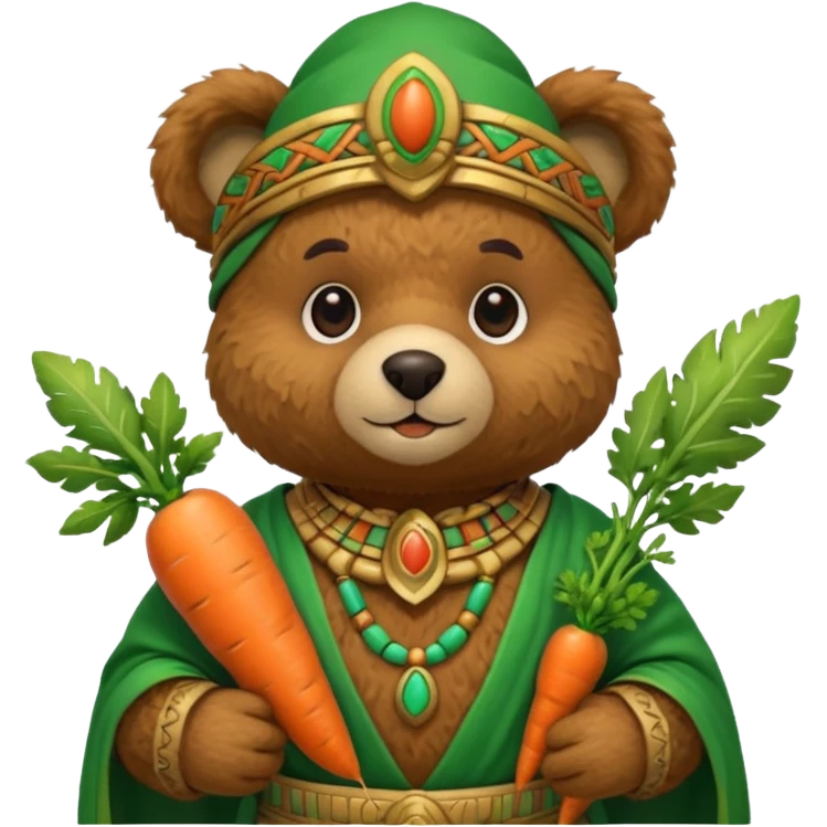 teddy bear, wearing green mayan ancient custome, with carrotm half body emoji