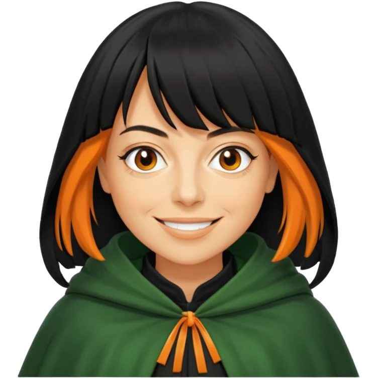 traitor tv show, person wearing green cloak who looks like claudia winkleman orange skin tone and thick black fringe emoji
