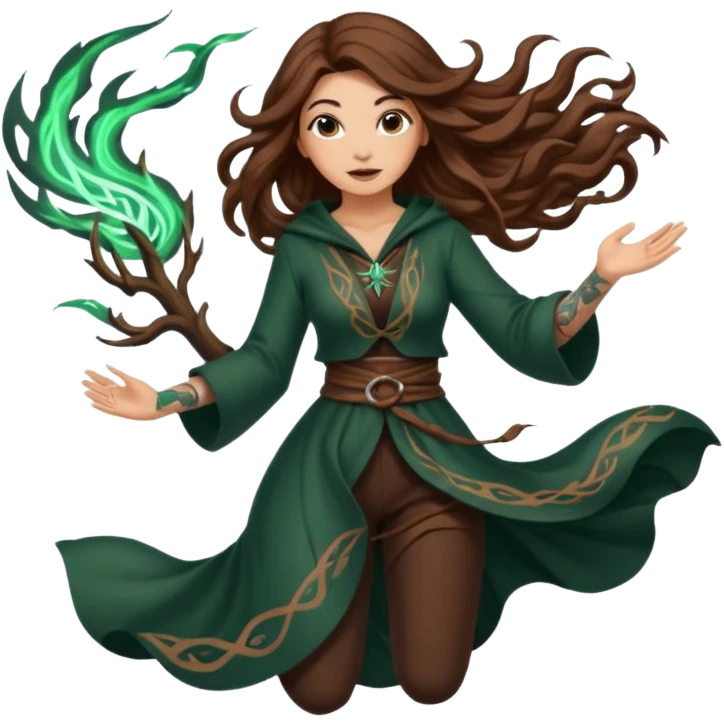 forest mage woman long wavy brown hair tattoos drawing symbol mid-air emoji