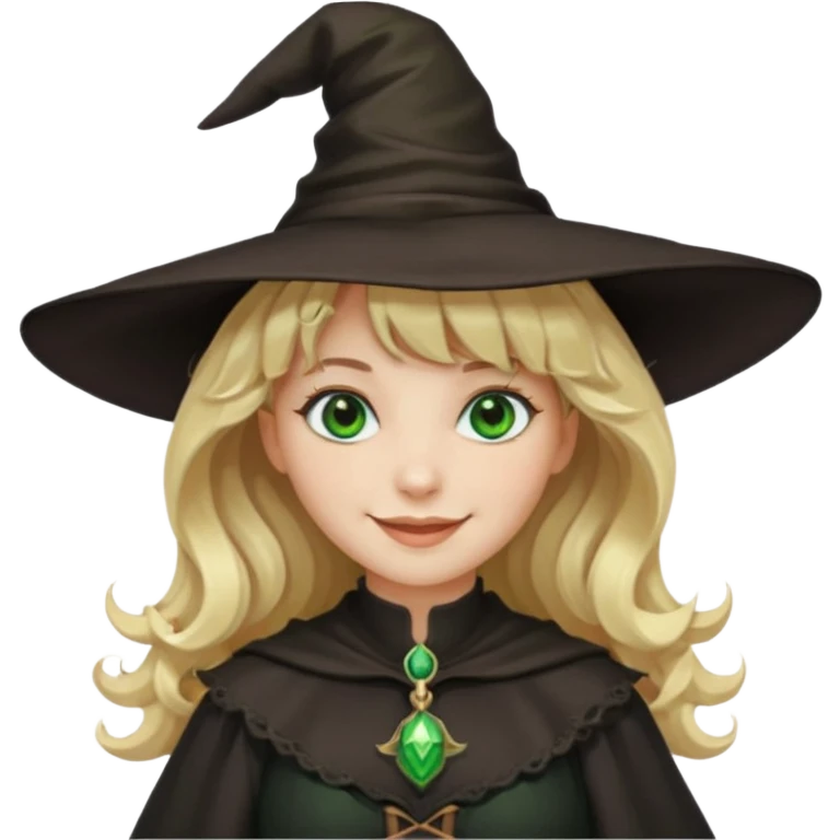 Mulher, branca, cabelos loiros e ondulados com uma franja, olhos verdes e roupa e chapéu de bruxa emoji