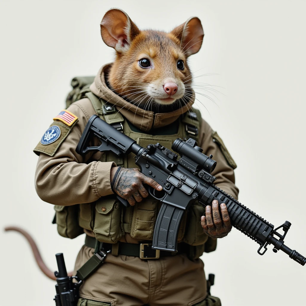 mouse soldier in full military gear, holding an assault rifle, realistic military style emoji