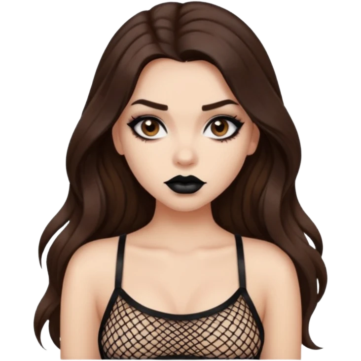 a pretty bratz fair girl with brown long hair styled well, looking like a baddie in a fishnet top and dark brown hair and black lipstick emoji