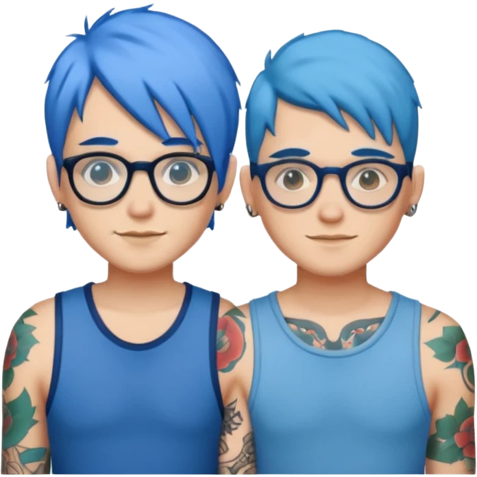 two friends with blue hair, glasses, and tattoos emoji