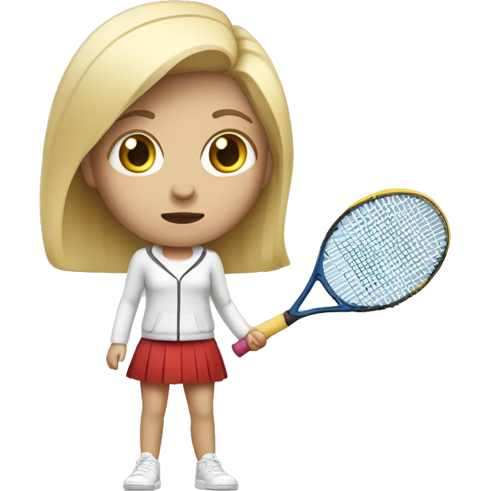 blond and white tall girl wearing normal clothes scared with tennis racket at hand defending herself emoji