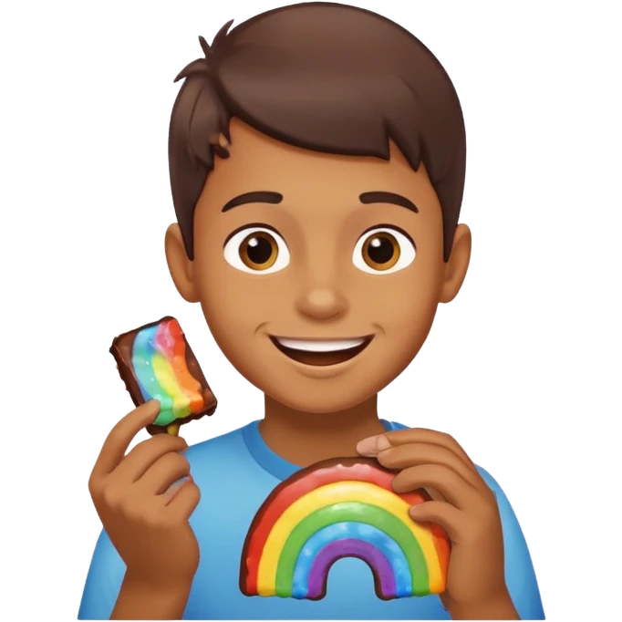 A boy eating a chocolate rainbow  emoji