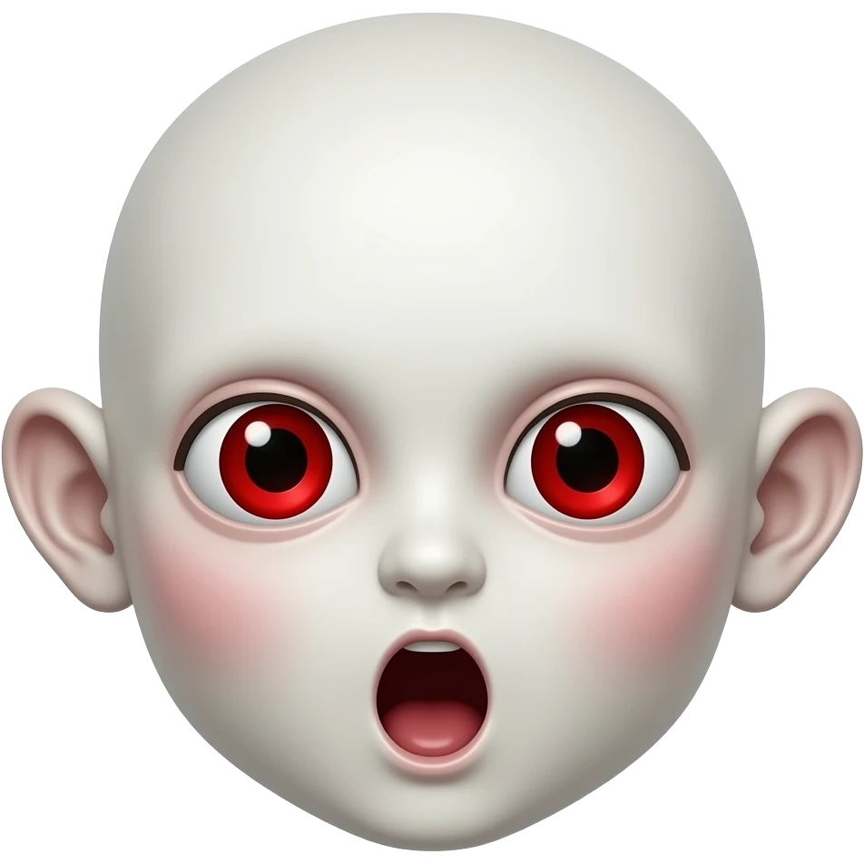 사악한 흰  피부. 붉은동공. 살색 큰 귀. 큰 눈. 붉은 눈. 붉은 홍조. O표정. emoji
