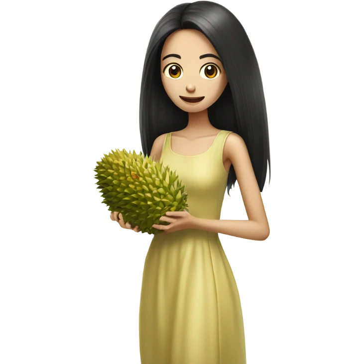 Beautiful skinny woman long black hair in dress holding durian emoji