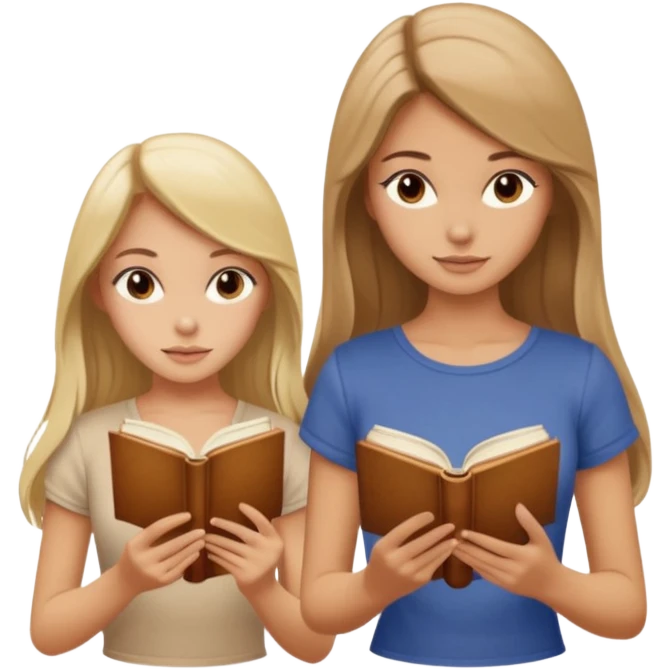 two beautiful girls in beige tops reading a beautiful vintage book. one is brown-haired, the other is blonde. both have long hair with emoji