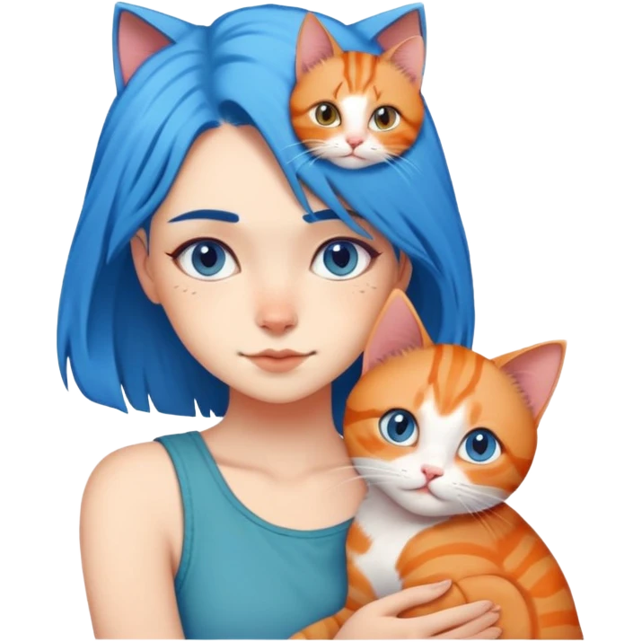 Голубоволосая девушка с рыжим котом на правом плече emoji