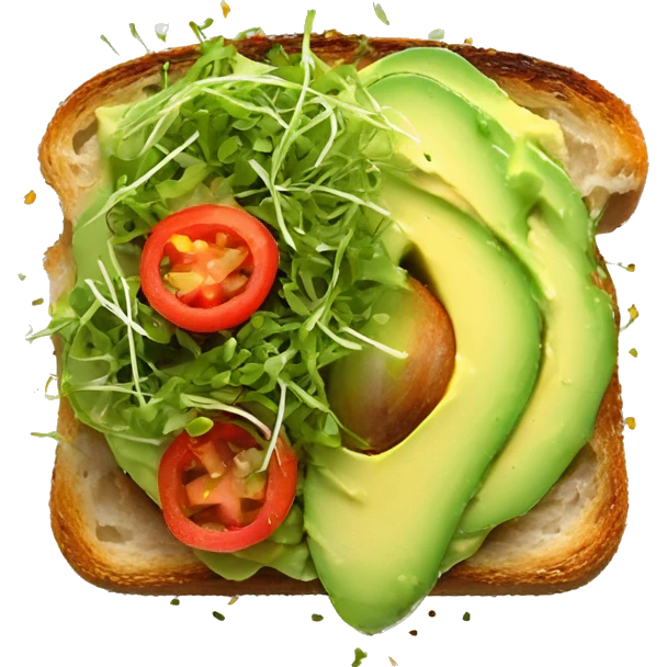 avocado toast with mashed avocado topped with micro greens and red pepper flakes emoji