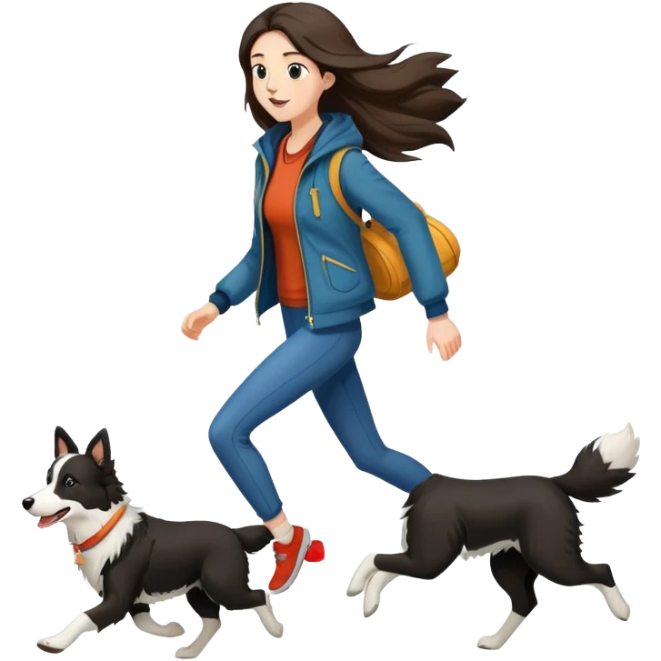 A beautiful tall girl with fair skin and long hair wearing a jacket and running with a Border Collie emoji