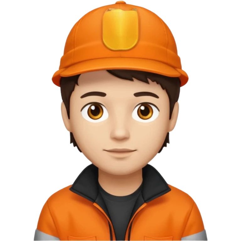 Kindly Keyin (male) with light skin, dark brown hair, orange cap and shirt, black jacket emoji