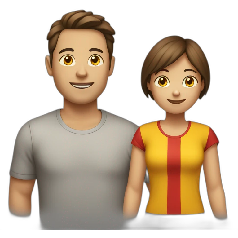 a boy with a woman with brown haira red-yellow t-shirt emoji