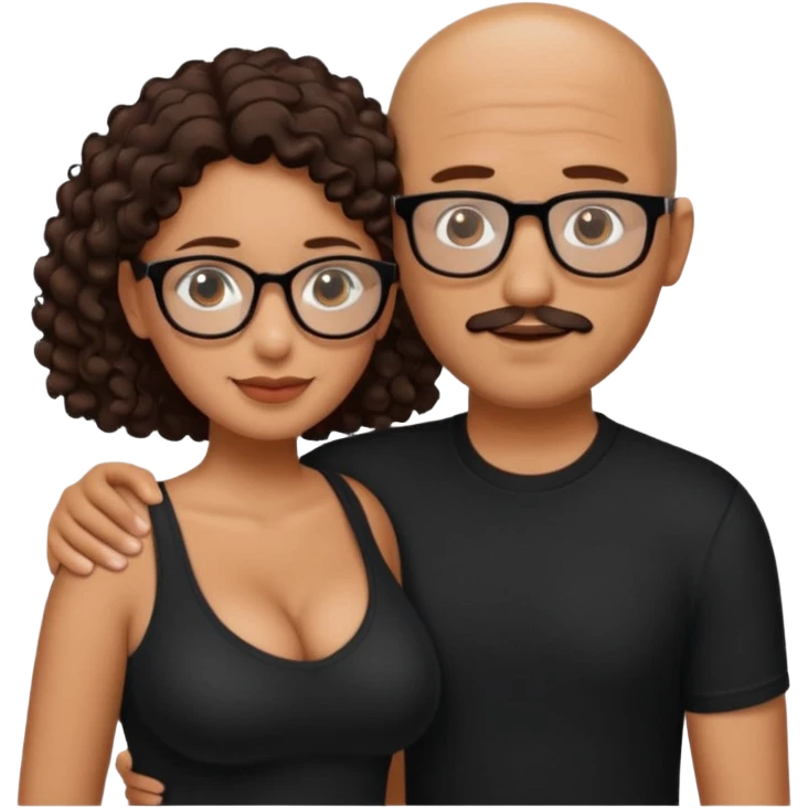 A picture of an embracing tanned couple. the man is a Mexican man with tanned skin, NO GLASSES, with a bald hair cut, short beard and wearing a black shirt. the woman is short with long curly dark brown hair and with big boobs. Put glasses on the woman.  emoji