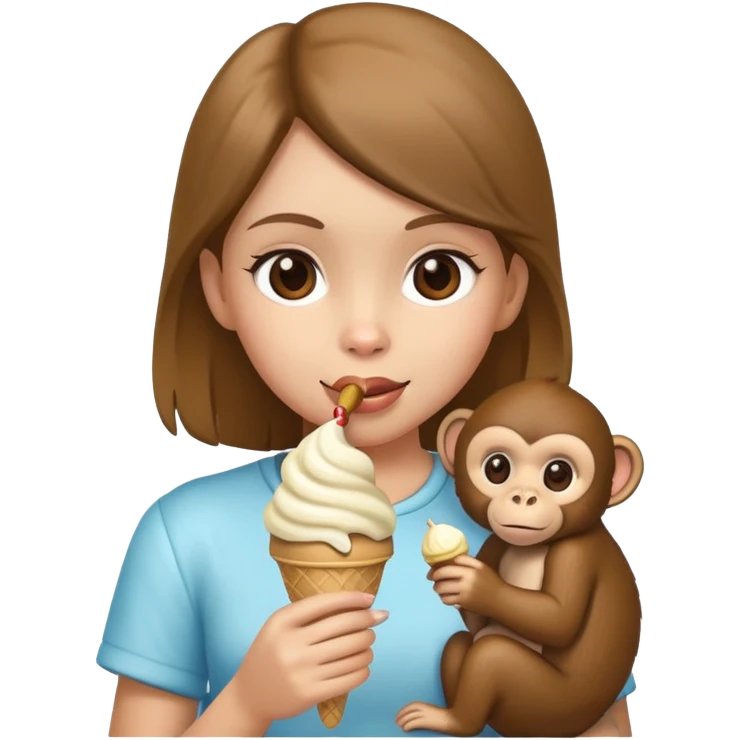 A girl holding a monkey while the monkey eats ice cream emoji