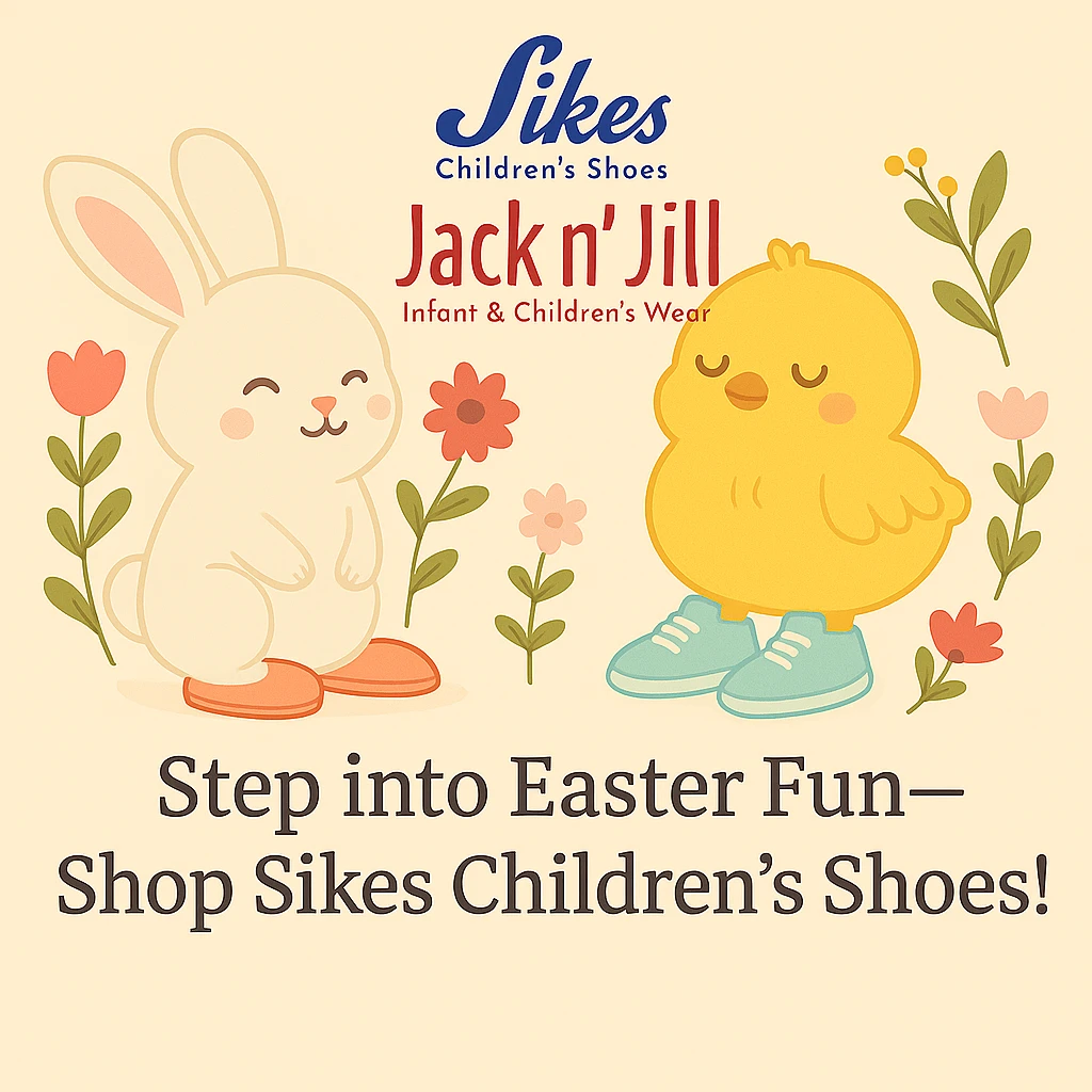 Reduce the size of the Sikes Children's Shoes logo so it is smaller and less dominant in the design. Keep the pastel background, bunny and chick with shoes, floral accents, and the headline: 'Step into Easter Fun—Shop Sikes Children’s Shoes!'. Logo should remain in the same position, just smaller. emoji