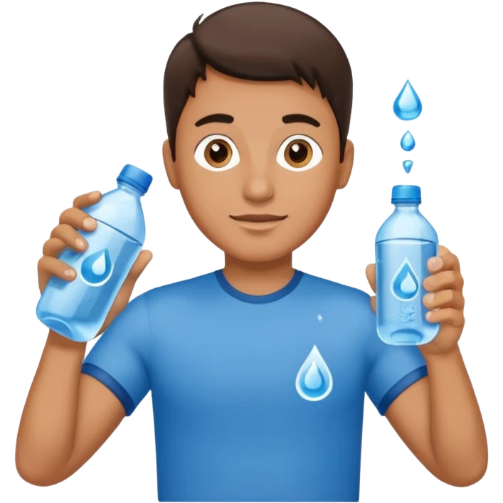 a man holding a water bottle with a water drop logo on the bottle emoji