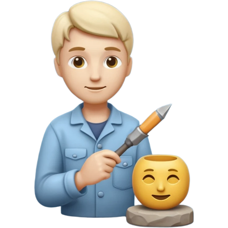 Apple Memoji-style 3D emoji of a sculptor with a small statue and chisel, smooth gradients, rounded edges, no background.during sculpting rock emoji
