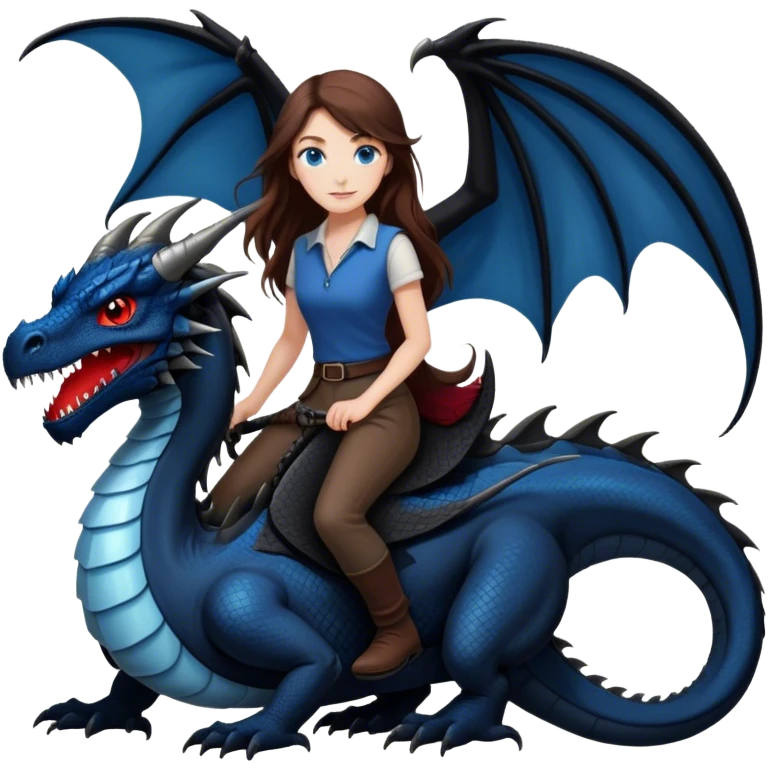 Me, a white female with long brown hair, and blue eyes, riding a very black wyvern dragon with hints of red, to your work emoji