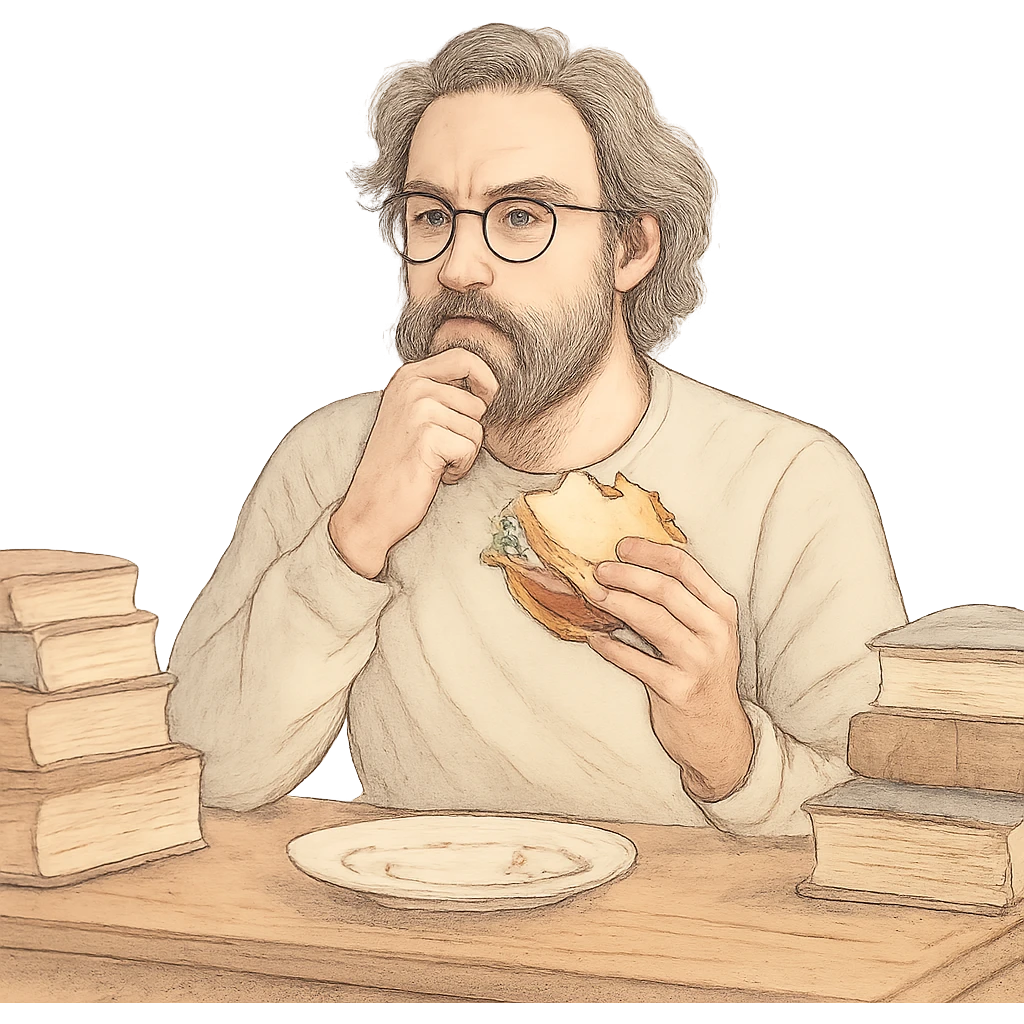 modern philosopher eating at a desk, wearing glasses, surrounded by books, holding sandwich, pondering, soft colors emoji