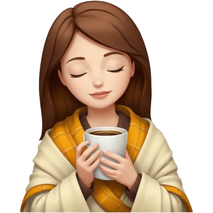 brown hair woman closed eyes with cream blanket on her head, holding cup of coffee, autumn mood emoji
