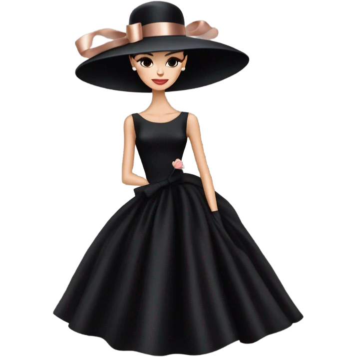 Audrey Hepburn wearing Big black hat with rose gold billowing ribbon tied in a bow and a long black midi dress with ruffled hem  emoji