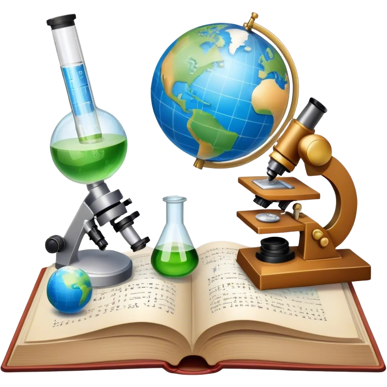 Icon for Scientific and Educational Reading: an open book with mathematical formulas, a microscope, a test tube, and a globe. The icon should represent the curiosity and knowledge found in scientific and academic books. Transparent background. emoji