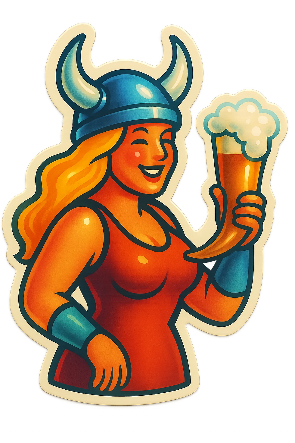 A sticker of a female viking with a horn of beer emoji