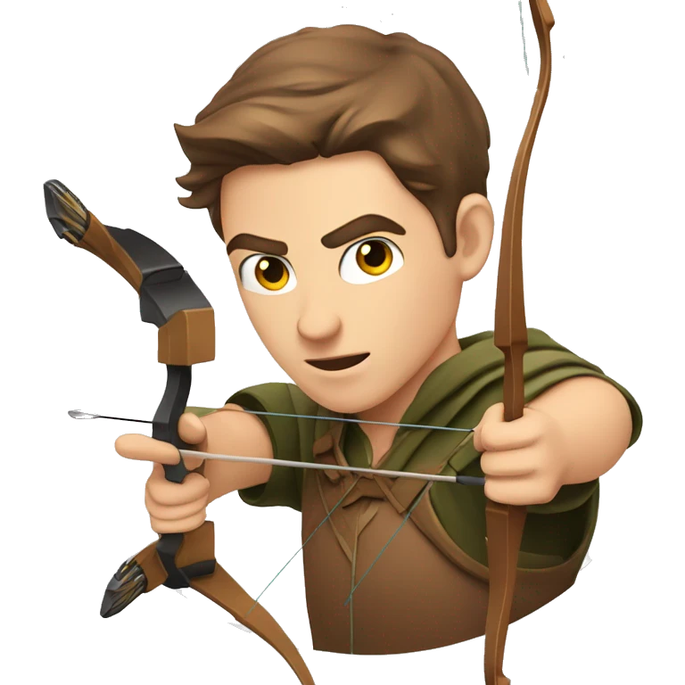 a male archer aiming with a bow looking at his target, brown hair, bright skin, emoji