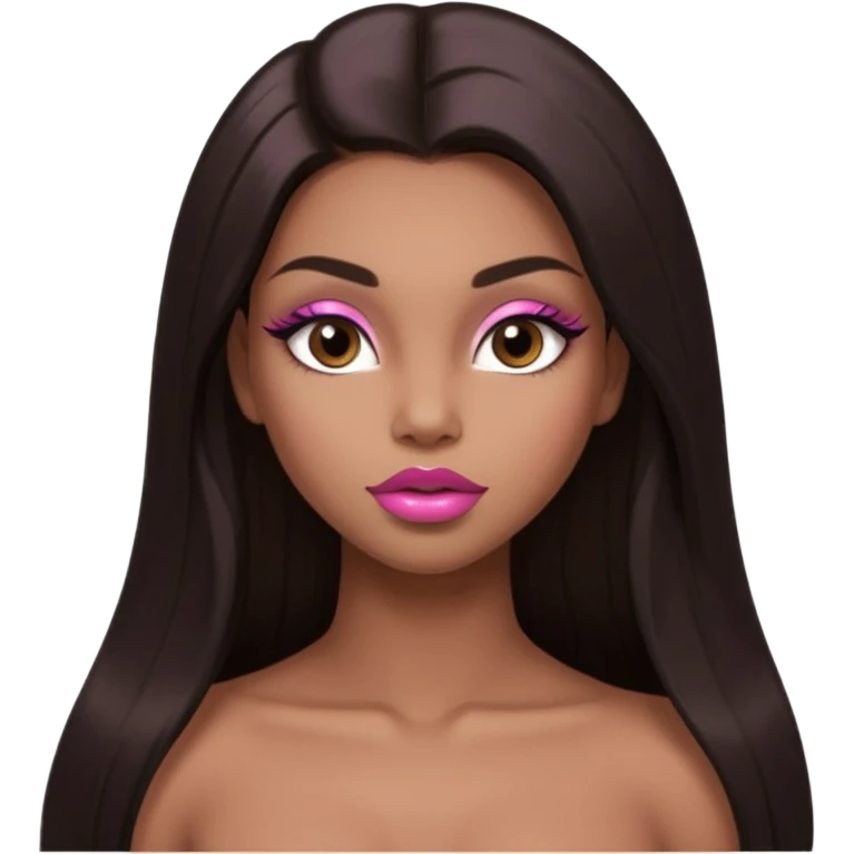 Glamourous, light brown skin tone, very beautiful nude girl, with big plump pink shiny lips, long long lashes, black straight smooth silky long hair, straight parting hair, brown eyes, muscled nude body emoji