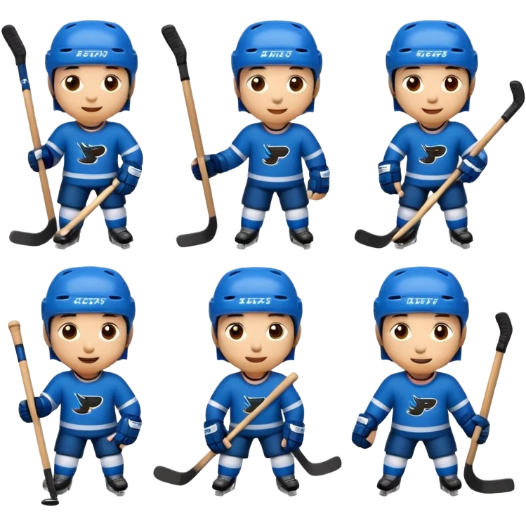 Set of 8 hockey sticker emojis for kids: happy player with a puck, tired player, celebratory player, player cheering, hockey helmet, hockey stick, ice rink, and team logo. emoji