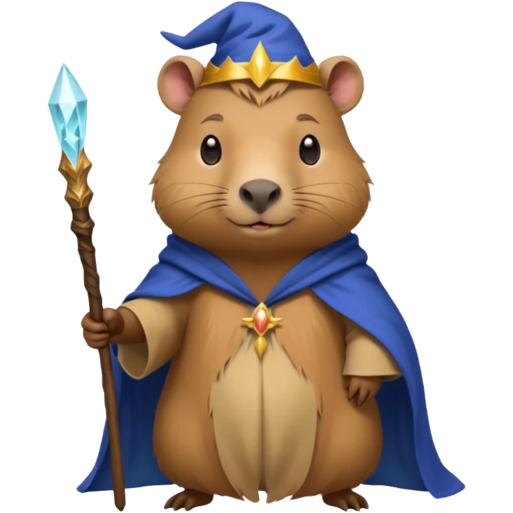 A mythical Queen Capybara wearing a wizard robe and a wand emoji