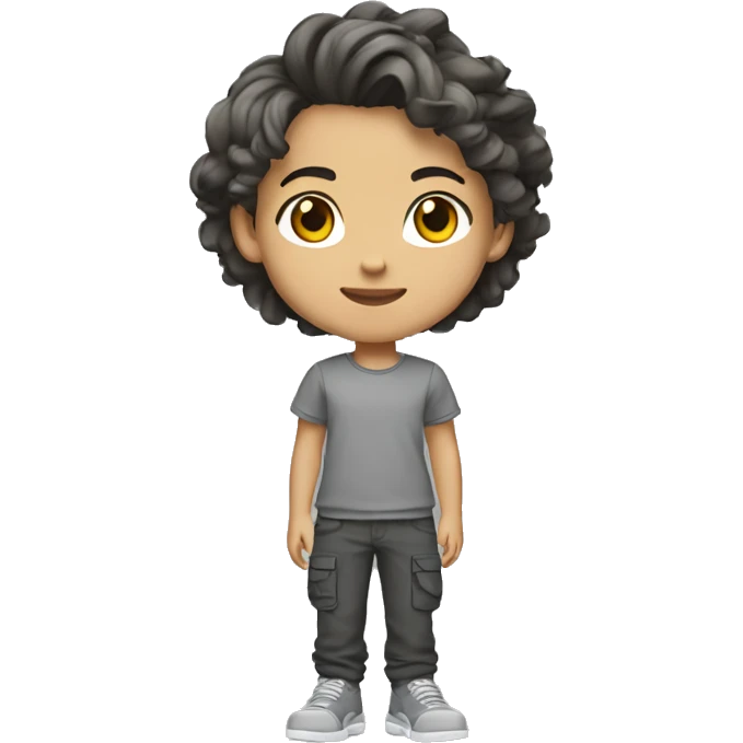 Teenager with gray sneakers, black cargo pants, gray T-shirt, medium-length hairstyle, brunette hair, light skin, full length emoji