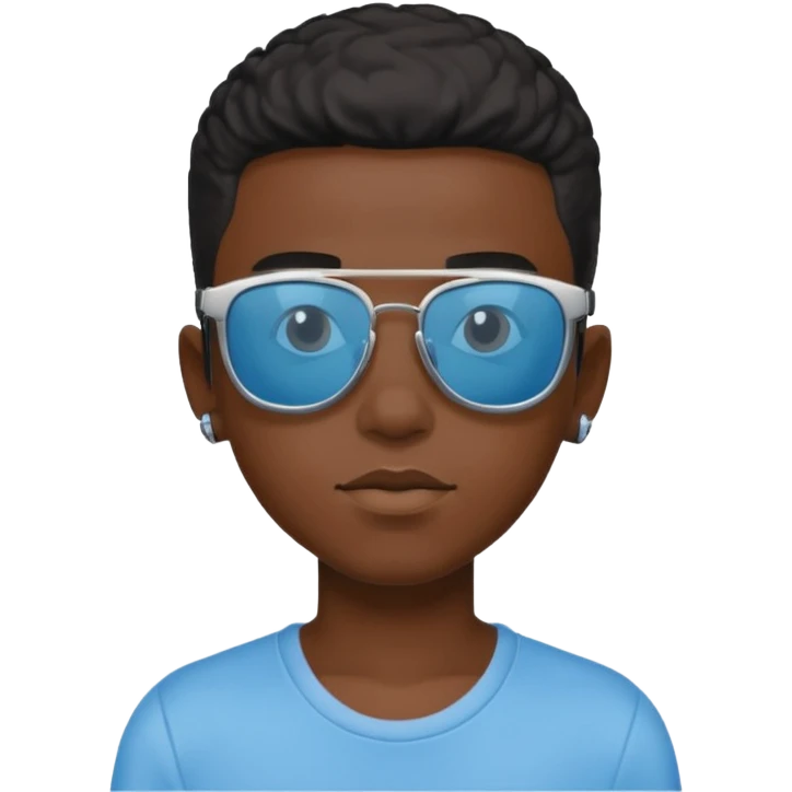 Un garçon noir avec des lunettes de soleil un peu bleu avec un cadran plutôt carré et SANS QU’ON VOIT SES YEUX. Et au dessus de sa tête il y a écrit BOUSs on dois pas voir ses yeux emoji