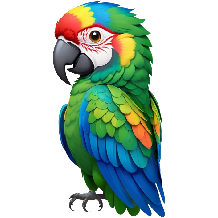 Cinematic Noble Macaw Portrait Emoji, Poised and regal, with vibrant, iridescent feathers in a spectrum of brilliant colors and sharp, intelligent eyes, Simplified yet sharp and sophisticated features, highly detailed, glowing with a soft, tropical radiance, high shine, majestic and graceful, stylized with an air of exotic elegance, focused and alert, soft glowing outline, capturing the essence of a watchful and confident avian guardian that seems ready to soar out of the screen with effortless authority! emoji